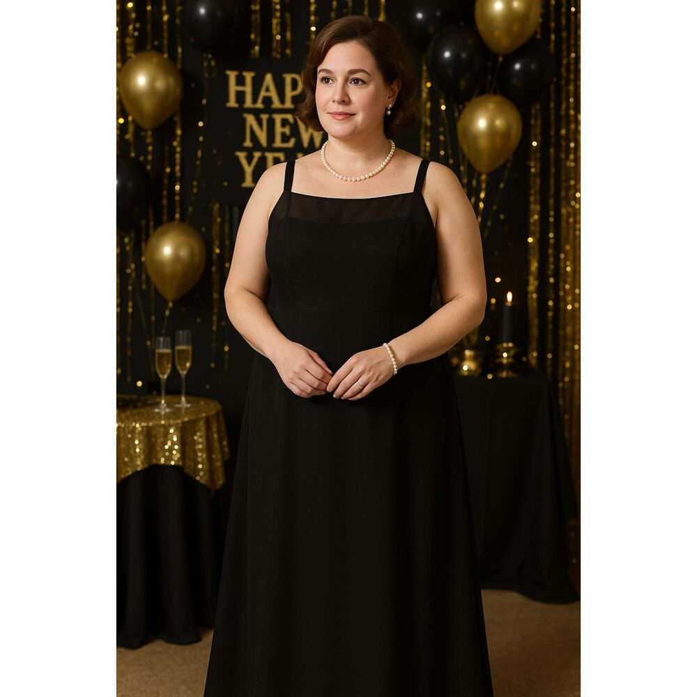 Adrianna Papell Occasions Gown 14 Black Chiffon Organza Bust Formal Retro Glam